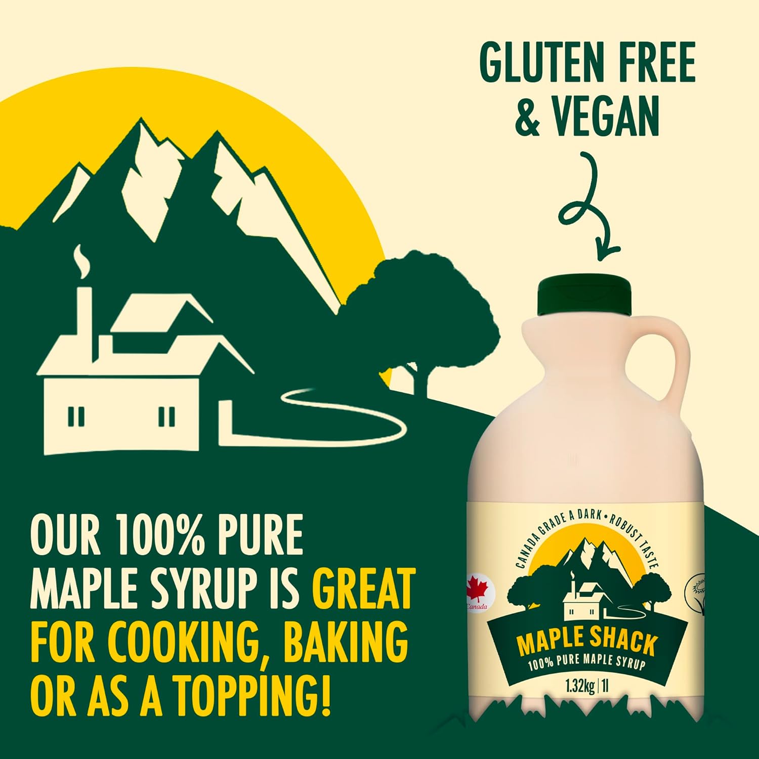 Maple Shack 100% Pure Canadian Maple Syrup 1l - Grade A, Dark Maple Syrup with Caramel Taste - Ideal for Pancakes, Waffles and Baking - 1.32kg-2