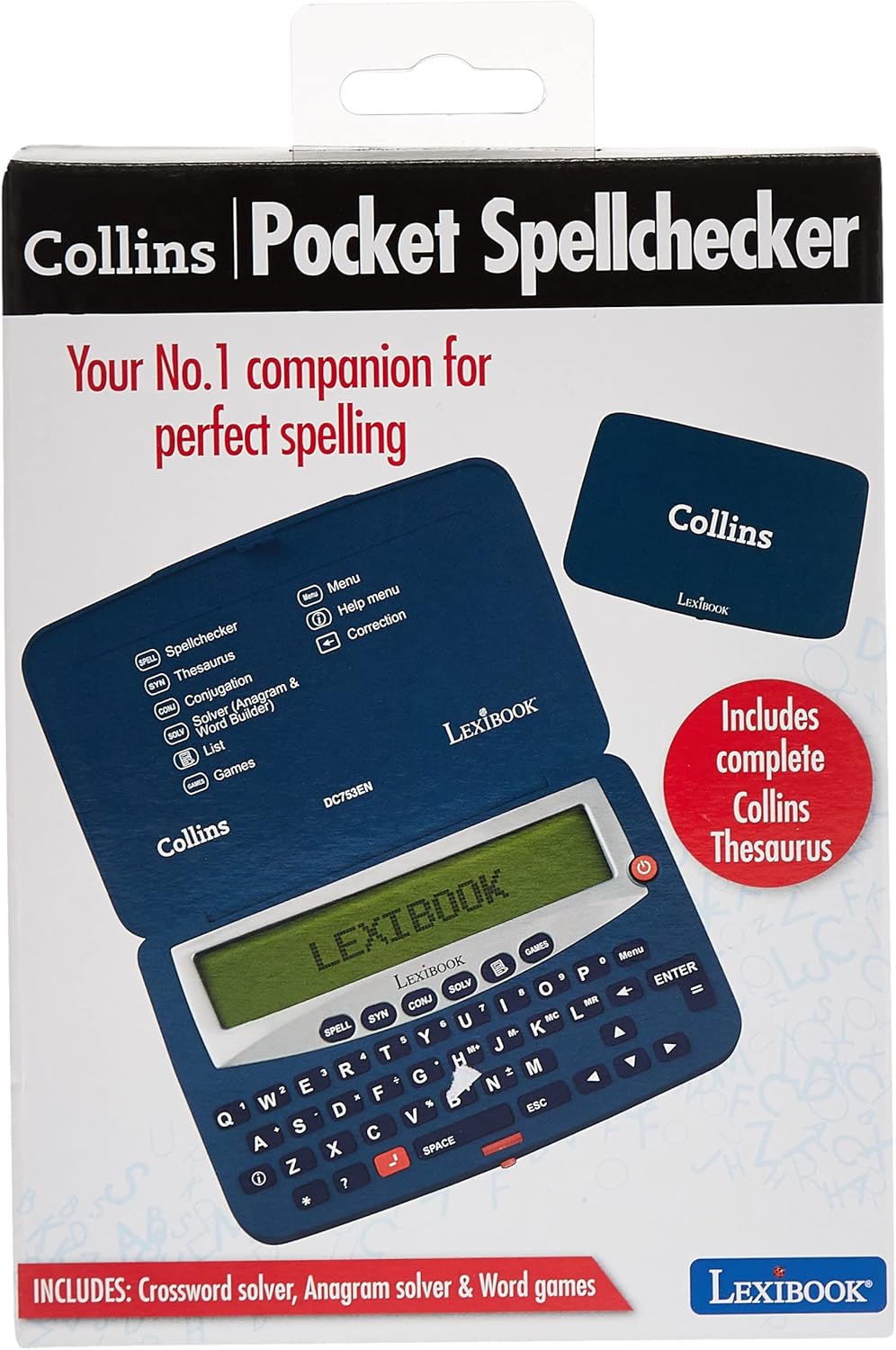 Lexibook DC753EN Electronic Pocket Spellchecker, Thesaurus, Crossword, Conjugation, Anagram Solver, Words Games, with Battery, Blue/White-3