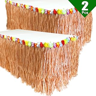 GIFTEXPRESS Pack of 2, 9 feet X29 Luau Grass Table Skirt, Hawaiian Luau Libiscus Table Skirt for Hawaiian Party, Luau Party Supplies, Luau Party Decorations, Moana Birthday Party (Natural Hay Grass)