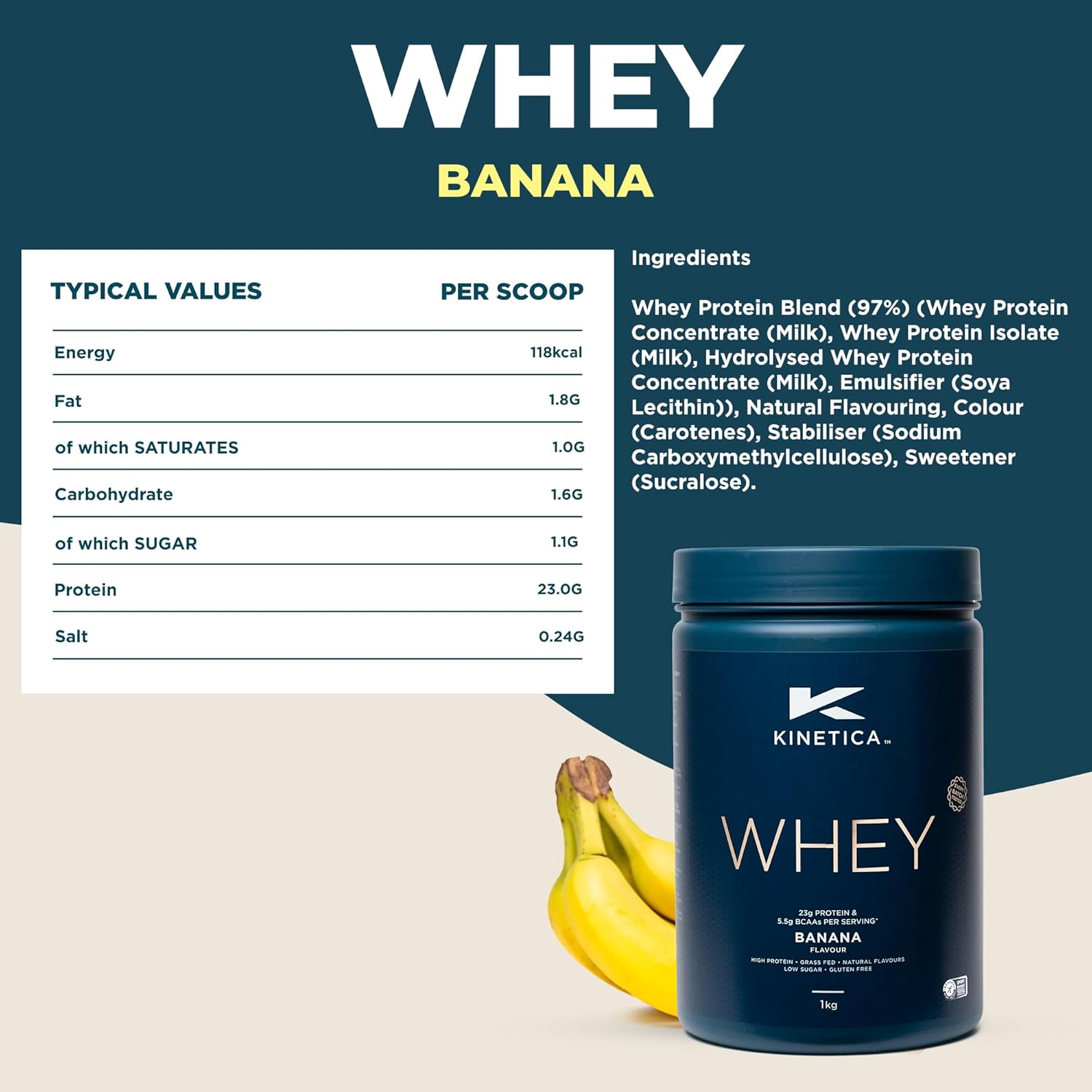 Kinetica Banana Whey Protein Powder | 2.27kg | 23g Protein per Serving | 75 Servings | Sourced from EU Grass-Fed Cows | Superior Mixability & Taste-3