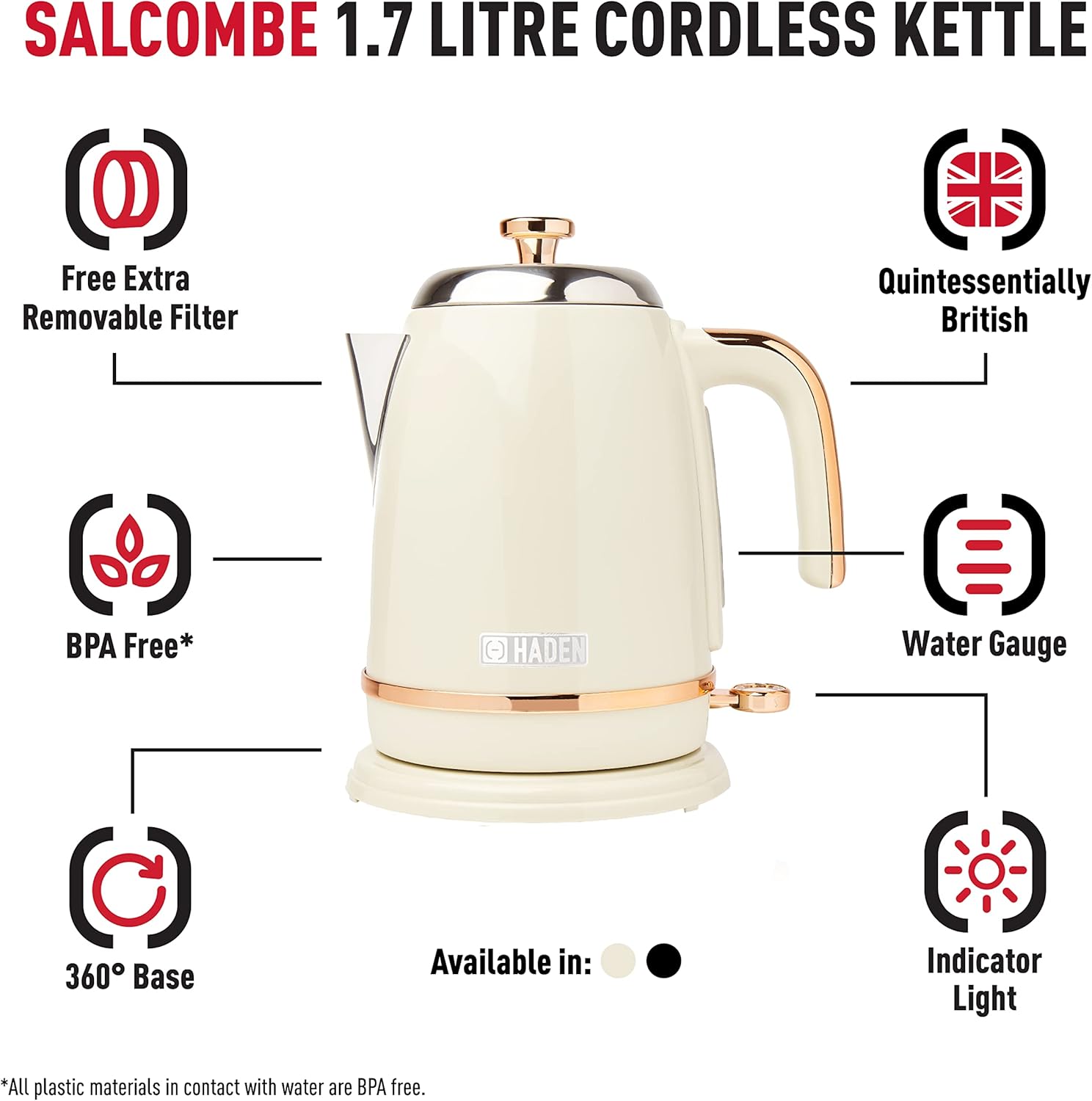 Haden Salcombe Cream Kettle - 1.7L, Rapid Boil, Auto Shut-off, Cordless Base - Lightweight Stainless Steel Electric Kettle, BPA Free - Easy To Use - Easy Pour Spout​-1