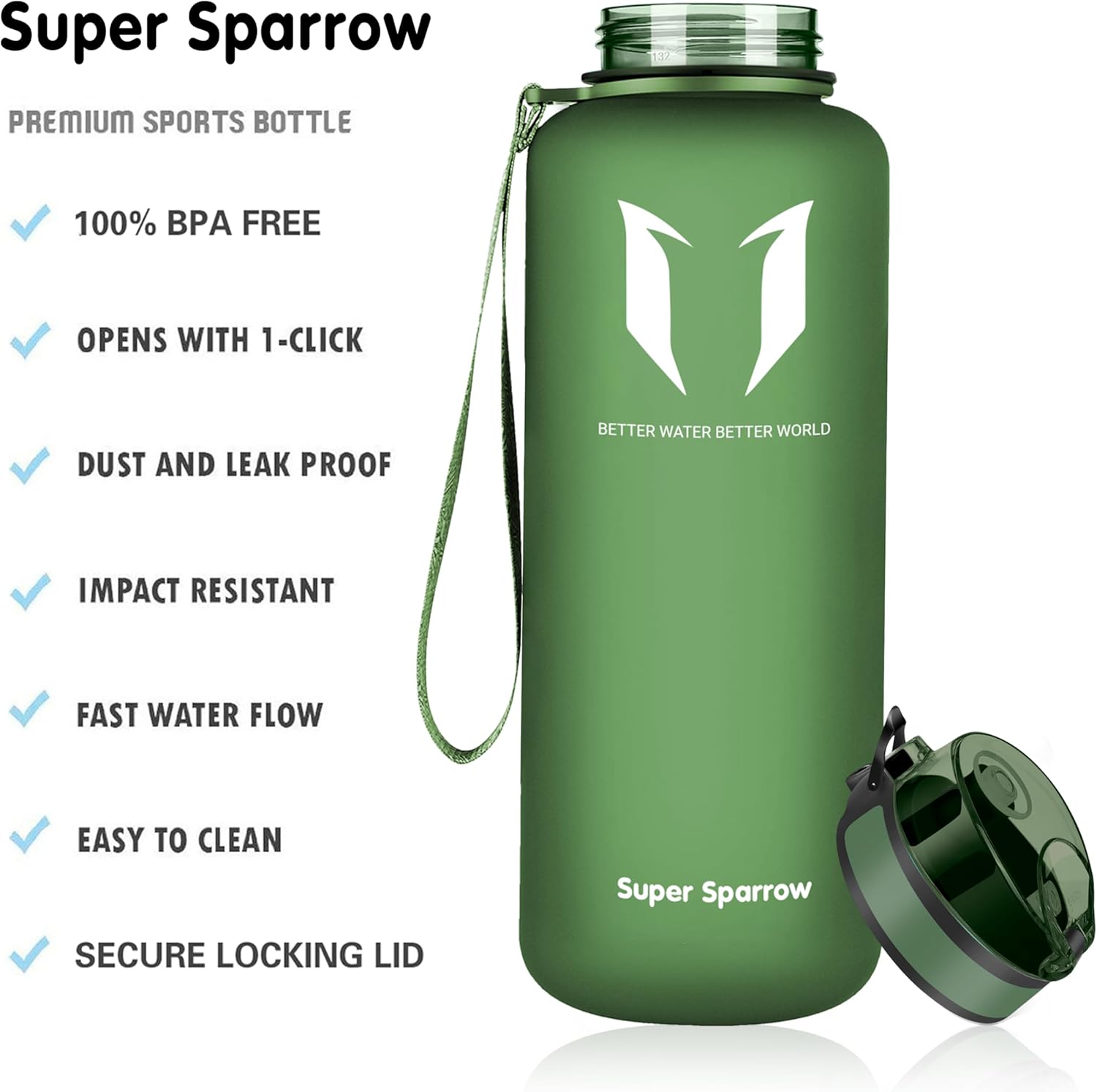 Super Sparrow Sports Water Bottle - 1.5L - Non-Toxic BPA Free & Eco-Friendly Tritan Co-Polyester Plastic - Fast Water Flow, Flip Top, Opens With 1-Click-1