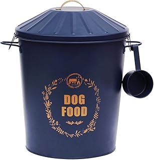 simpahome 30L Large Metal Vintage Retro Styled Dry Dog Food Storage Bin Container with Scoop - Royal Blue & Gold.