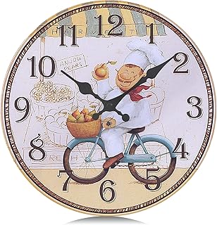 Lafocuse Retro Yellow Kitchen Wall Clock Chef Silent Non Ticking Quartz Decorative Vintage Farmhouse Wooden Frameless Wall Clocks for Living Room Modern Dinning Room Bedroom 12 Inch