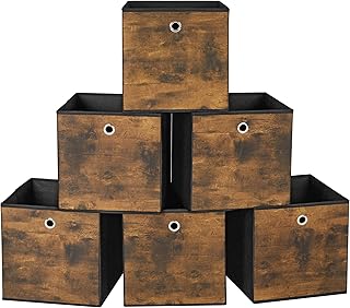 SONGMICS RFB102B01 Storage Box, Set of 6, Box with Handle, Non-woven and Oxford Fabric, 30 x 30 x 30 cm, Suitable for Cubic Furniture, Foldable, Clothes, Rustic Brown and Black