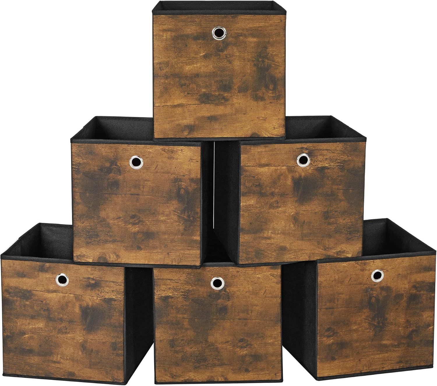 SONGMICS RFB102B01 Storage Box, Set of 6, Box with Handle, Non-woven and Oxford Fabric, 30 x 30 x 30 cm, Suitable for Cubic Furniture, Foldable, Clothes, Rustic Brown and Black-0