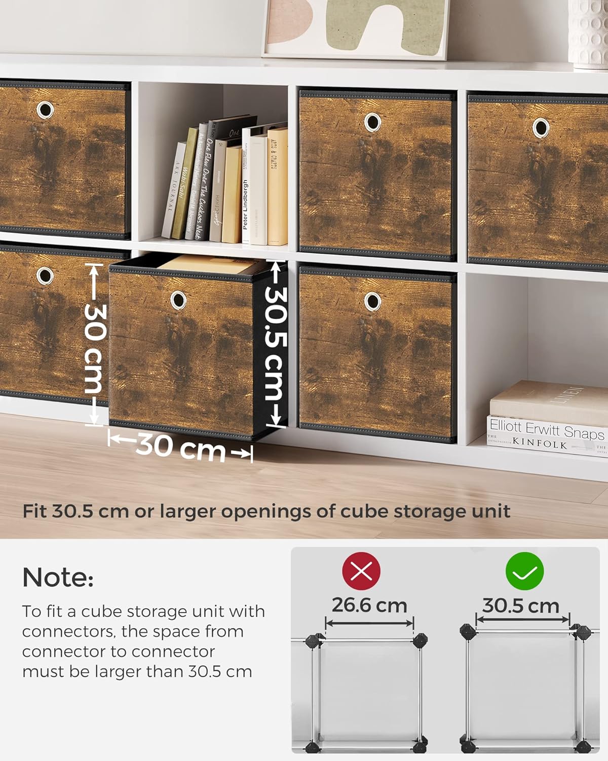 SONGMICS RFB102B01 Storage Box, Set of 6, Box with Handle, Non-woven and Oxford Fabric, 30 x 30 x 30 cm, Suitable for Cubic Furniture, Foldable, Clothes, Rustic Brown and Black-4