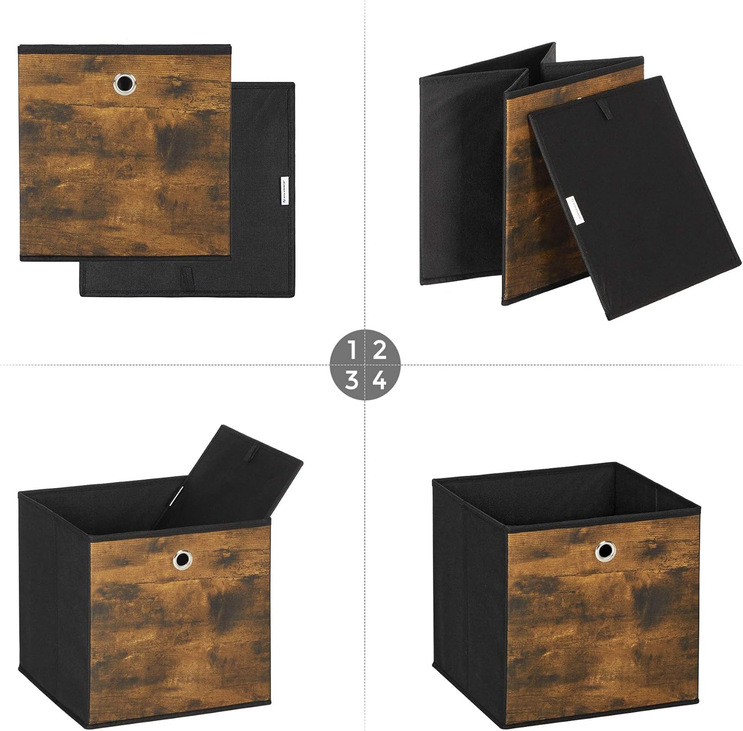 SONGMICS RFB102B01 Storage Box, Set of 6, Box with Handle, Non-woven and Oxford Fabric, 30 x 30 x 30 cm, Suitable for Cubic Furniture, Foldable, Clothes, Rustic Brown and Black-7