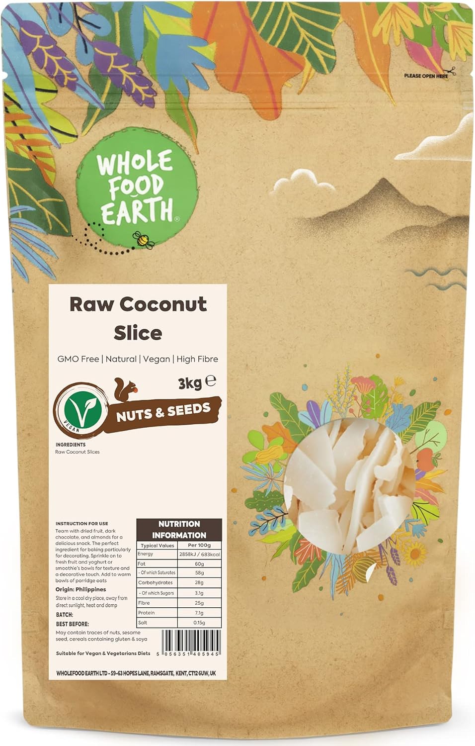 Wholefood Earth Raw Coconut Slice 3 kg | GMO Free | Natural | High Fibre-0