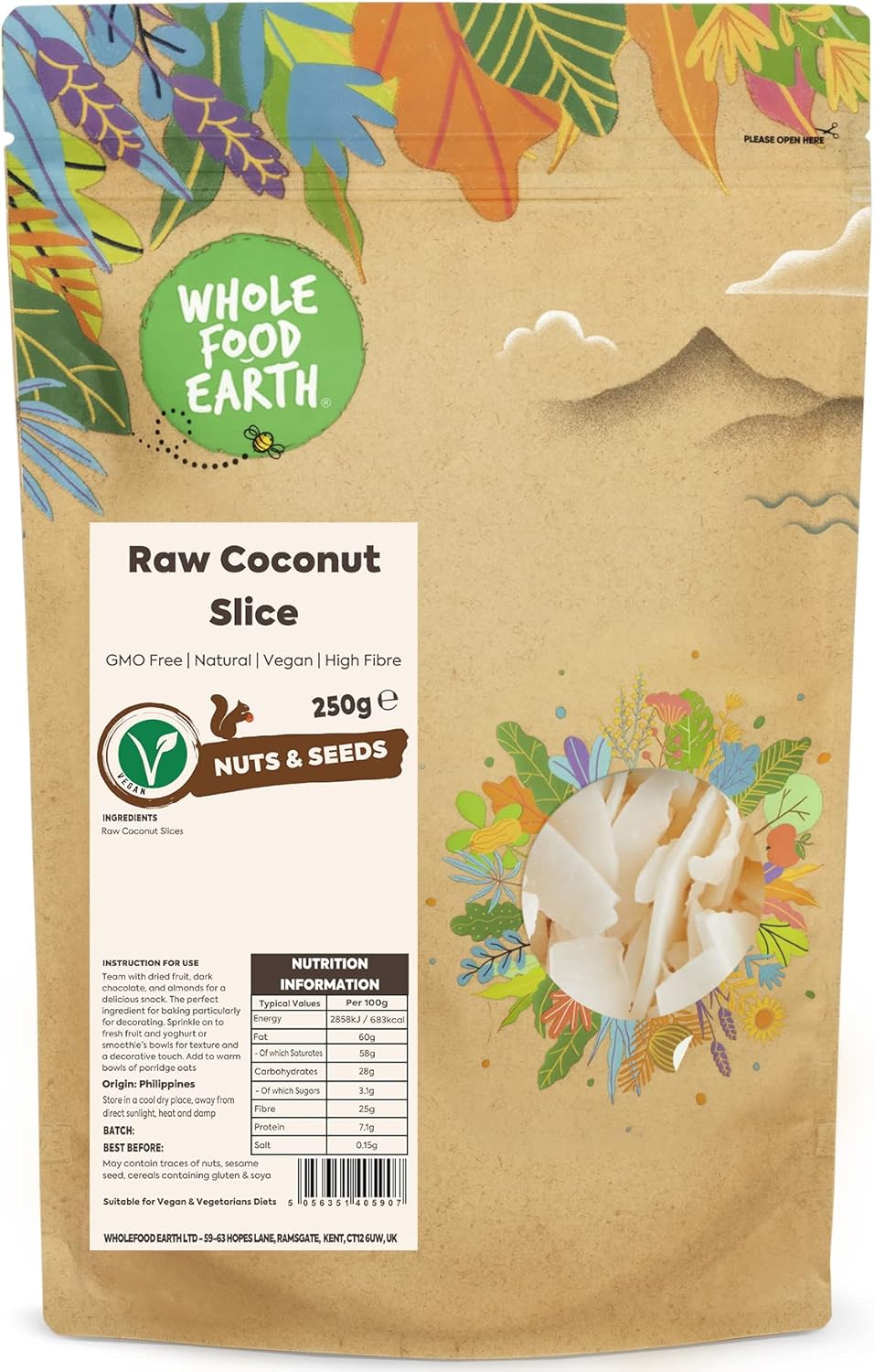 Wholefood Earth Raw Coconut Slice 250 g | GMO Free | Natural | High Fibre-0