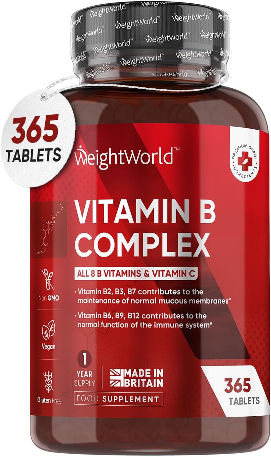 Vitamin B Complex High Strength - 365 Vegan Tablets (1 Year Supply) - Blend of 8 B Vitamins & Vitamin C - One A Day - No Fillers - Folic Acid, Biotin, B1, B2, B3, B5, B6, Vitamin B12 Supplement-0