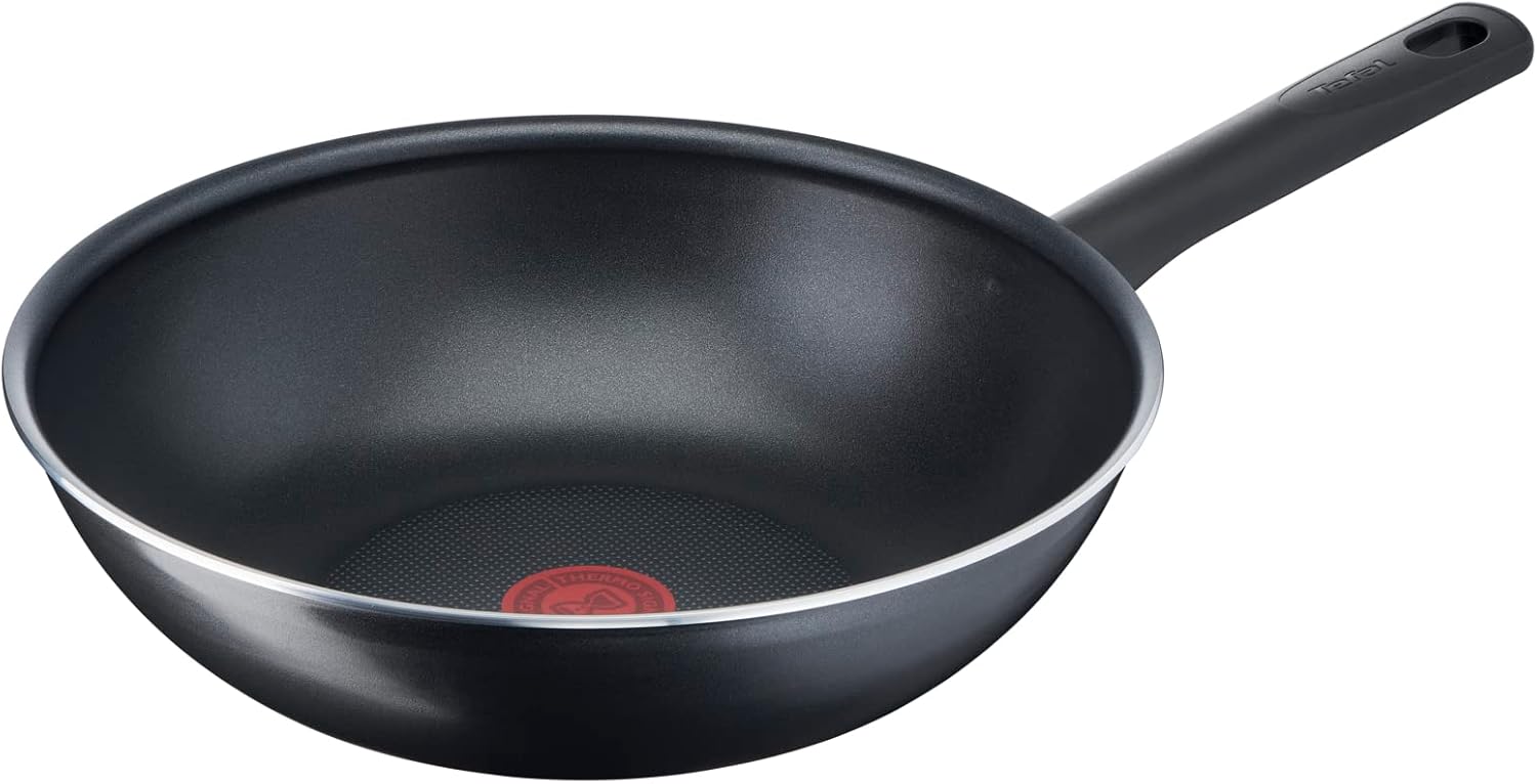 Tefal 28 cm wok pan, 6 to 8 people, No induction, Non-stick coating, Resistant, Easy to clean, High performance, Thermo-Signal, Made in France, Day By Day B56419AZ, Black/White-0