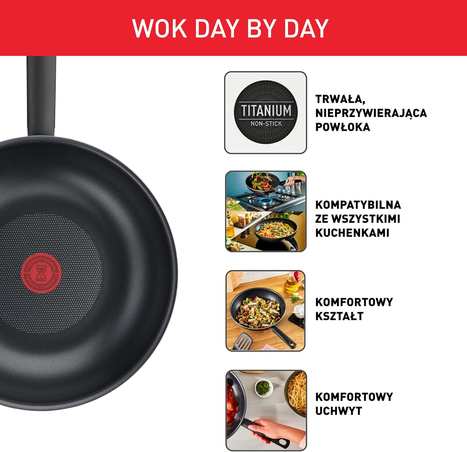 Tefal 28 cm wok pan, 6 to 8 people, No induction, Non-stick coating, Resistant, Easy to clean, High performance, Thermo-Signal, Made in France, Day By Day B56419AZ, Black/White-1