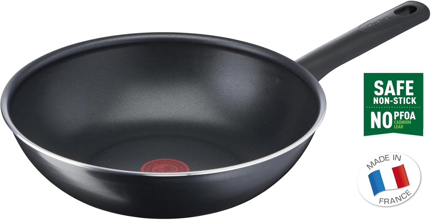 Tefal 28 cm wok pan, 6 to 8 people, No induction, Non-stick coating, Resistant, Easy to clean, High performance, Thermo-Signal, Made in France, Day By Day B56419AZ, Black/White-2