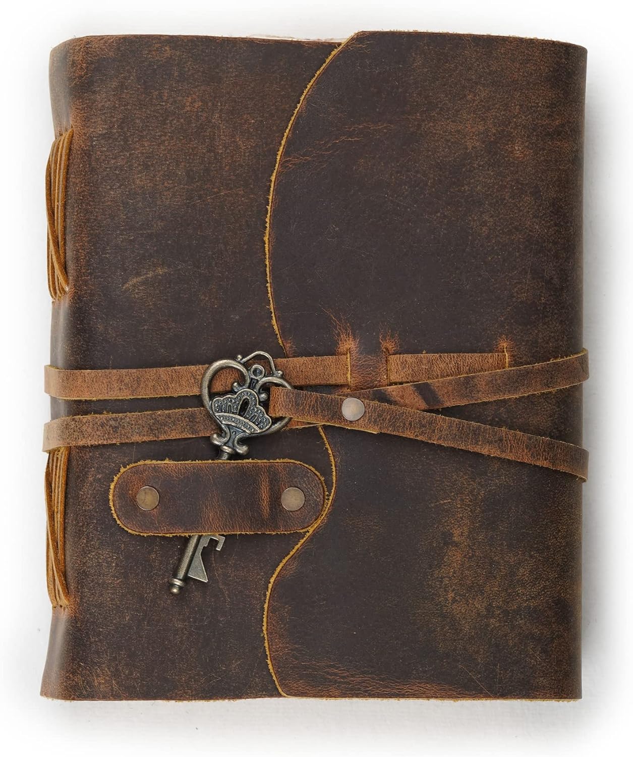 LEATHER VILLAGE Vintage Leather Journal – 200 Handmade Vintage Deckle Edge Paper – Leather bound Journal For Women Men – Vintage Key Closure - Book of Shadows - Cappuccuno Brown - 8X6 inches (A5)-1