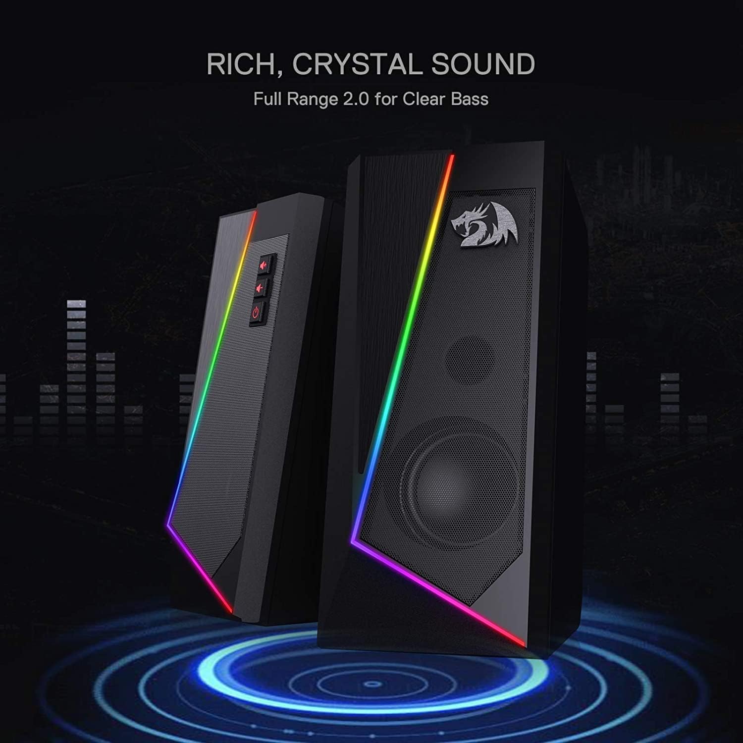 Redragon GS520 Anvil RGB Desktop Speakers, 2.0 Channel PC Computer Stereo Speaker with 6 Colorful LED Modes, Enhanced Bass and Easy-Access Volume Control, USB Powered w/ 3.5mm Cable-3