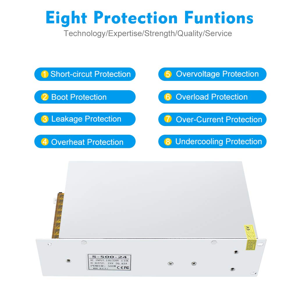 inShareplus 24V 20.85A 500W, DC Universal Regulated Switching Power Supply, 110/220V AC to DC 24 Volt LED Driver, Converter, Transformer for LED Strip Light, CCTV, Computer Project, 3D Printer-1