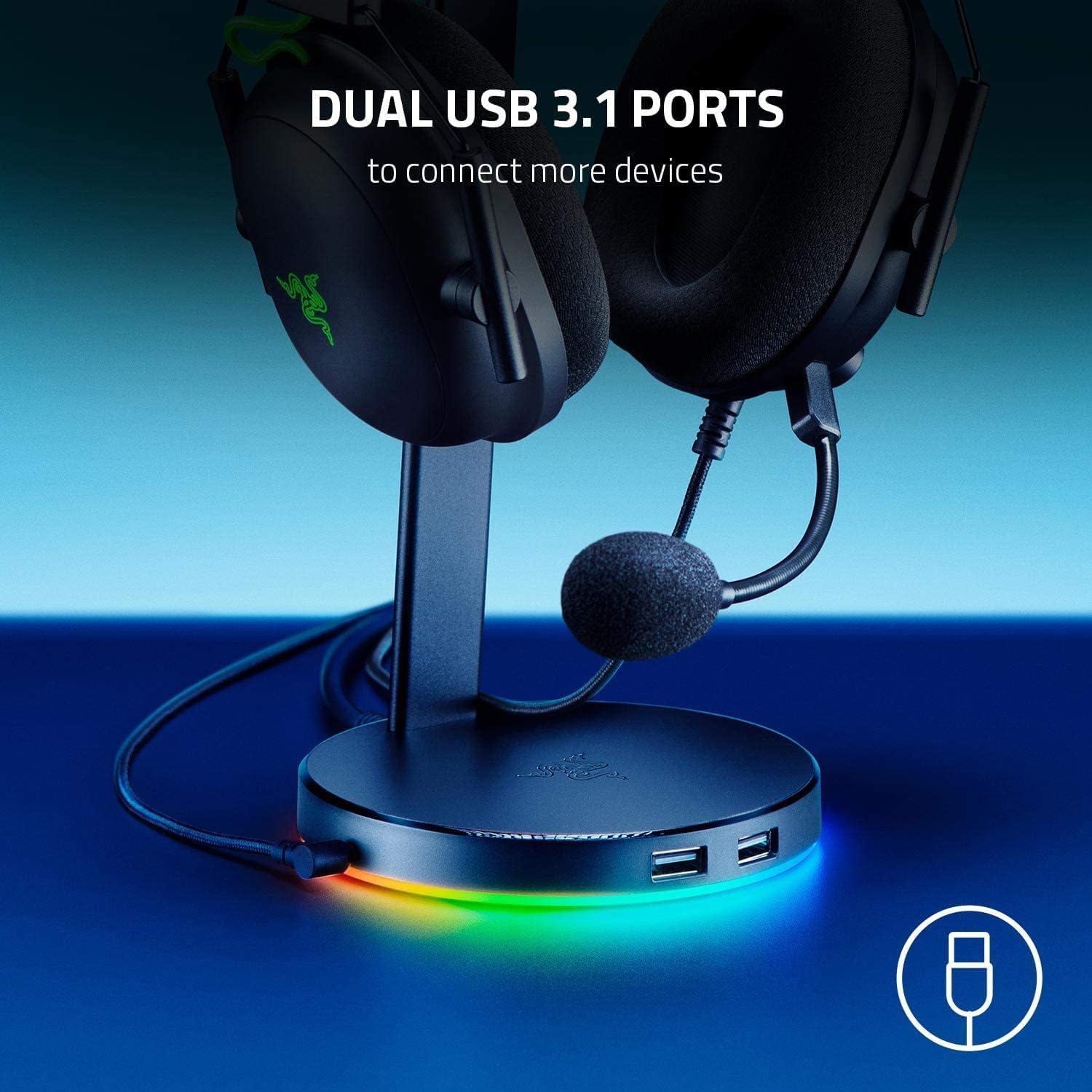 Razer Base Station V2 Chroma - Chroma Enabled Headset Stand with 3.1 USB Hub and 7.1 Surround Sound (2 USB 3.1 Ports, Intergrated Headset Stand, Non-Slip Base, Chroma RGB) Black-2