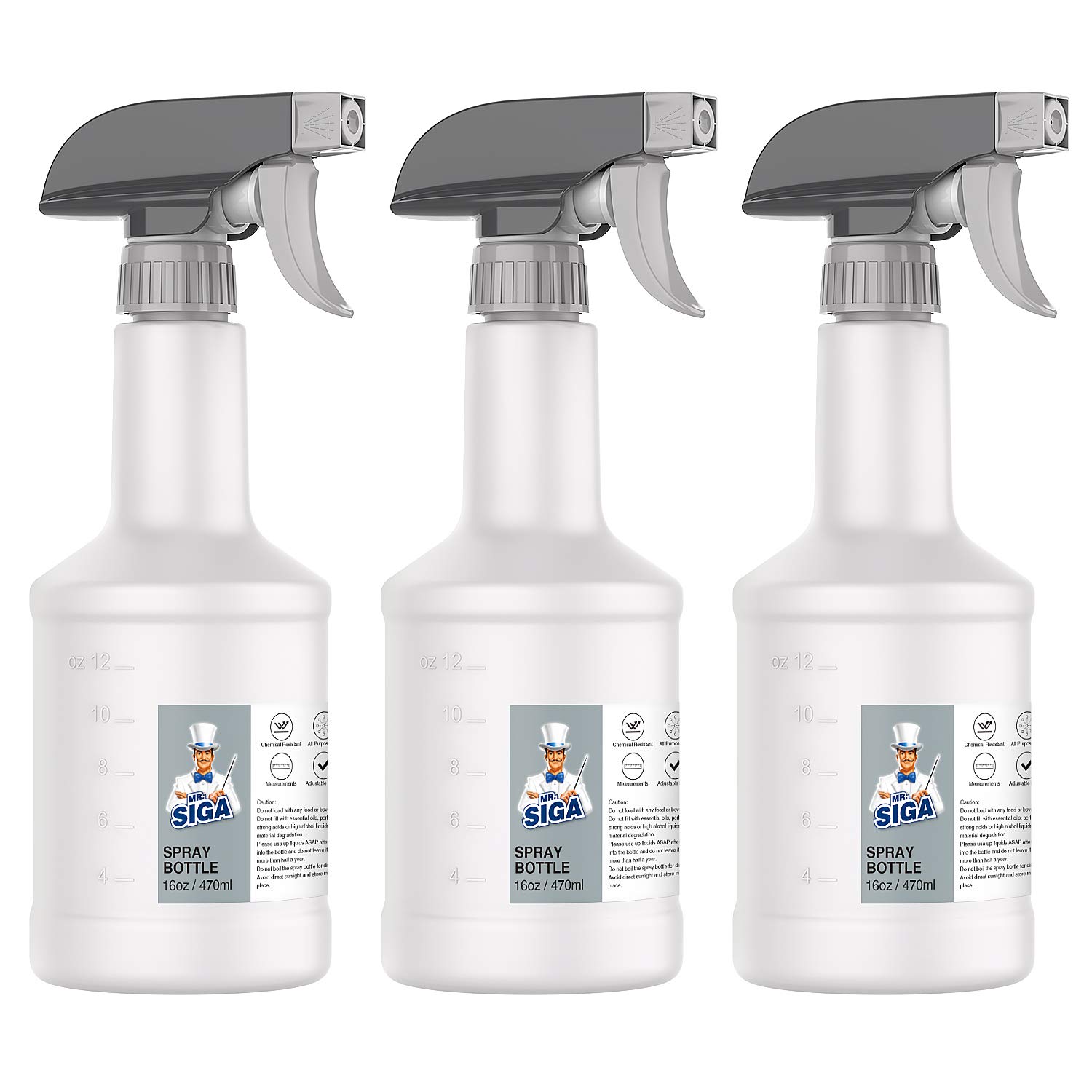 MR.SIGA 16 oz Plastic Spray Bottles for Cleaning Solutions, HDPE Commercial Grade Refillable Spray Bottles with Measurements and Adjustable Leak Proof Nozzle, 3 Pack-0