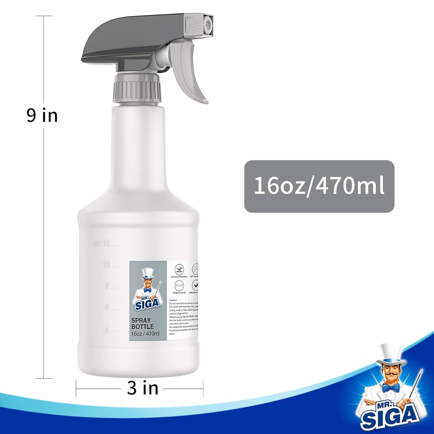 MR.SIGA 16 oz Plastic Spray Bottles for Cleaning Solutions, HDPE Commercial Grade Refillable Spray Bottles with Measurements and Adjustable Leak Proof Nozzle, 3 Pack-5