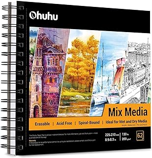 Ohuhu Sketchbook Spiral Bound: Mixed Media Pad, 62 Sheets/124 Pages of 200GSM Thick Drawing Paper, Hardcover Sketch Book for Wet and Dry Media, Acrylic Watercolour Paint and Pencils, Pastel