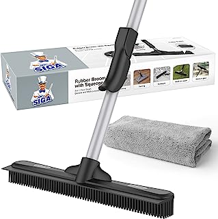 MR.SIGA Pet Hair Removal Rubber Broom with Built in Squeegee, 3 in 1 Floor Brush for Carpet, 61 inch Adjustable Handle, includes 1 Microfiber Cloth for Floor Dusting