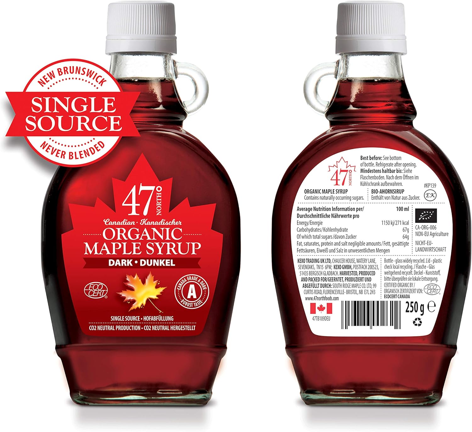 47° North Single Source Organic Canadian Maple Syrup Grade A (3x 250g, Dark Robust)-1