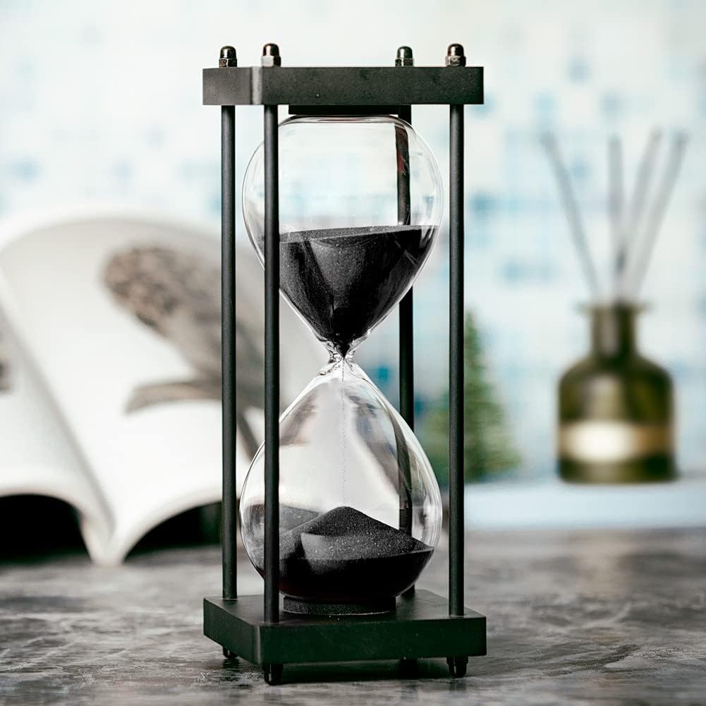 Hourglass Timer 60 Minute, Black Wooden Frame Decorative Sand Timer (Black Sand, Large Size)-0