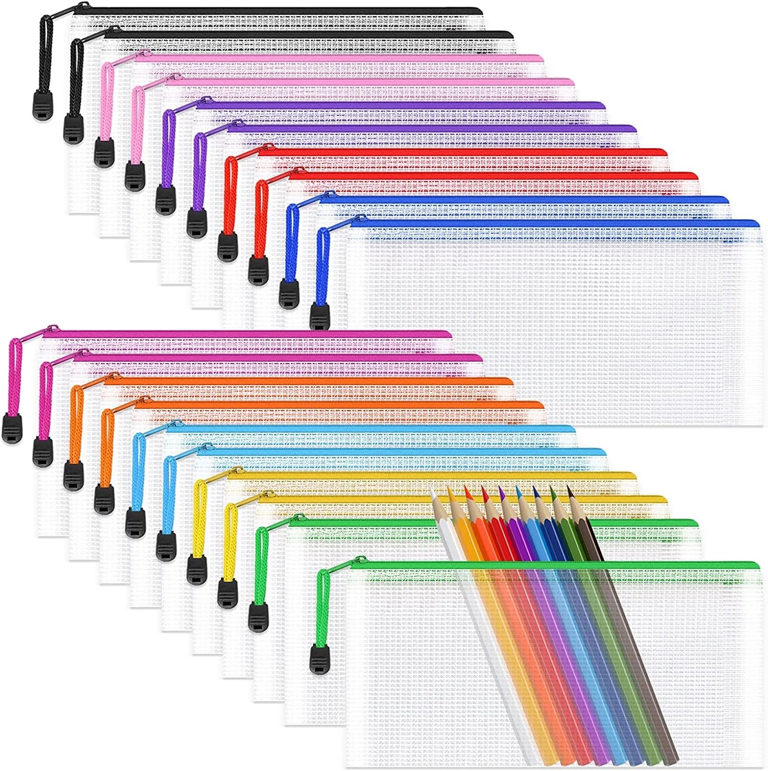 Mesh Pencil Pouch Zipper File Bags, 20PCS Clear Pencil Case Plastic Wallets Folders Waterproof Travel Storage Pouch for School Supplies, Bills, Cosmetics, Stationery and Travel Accessories,10 Colours-0