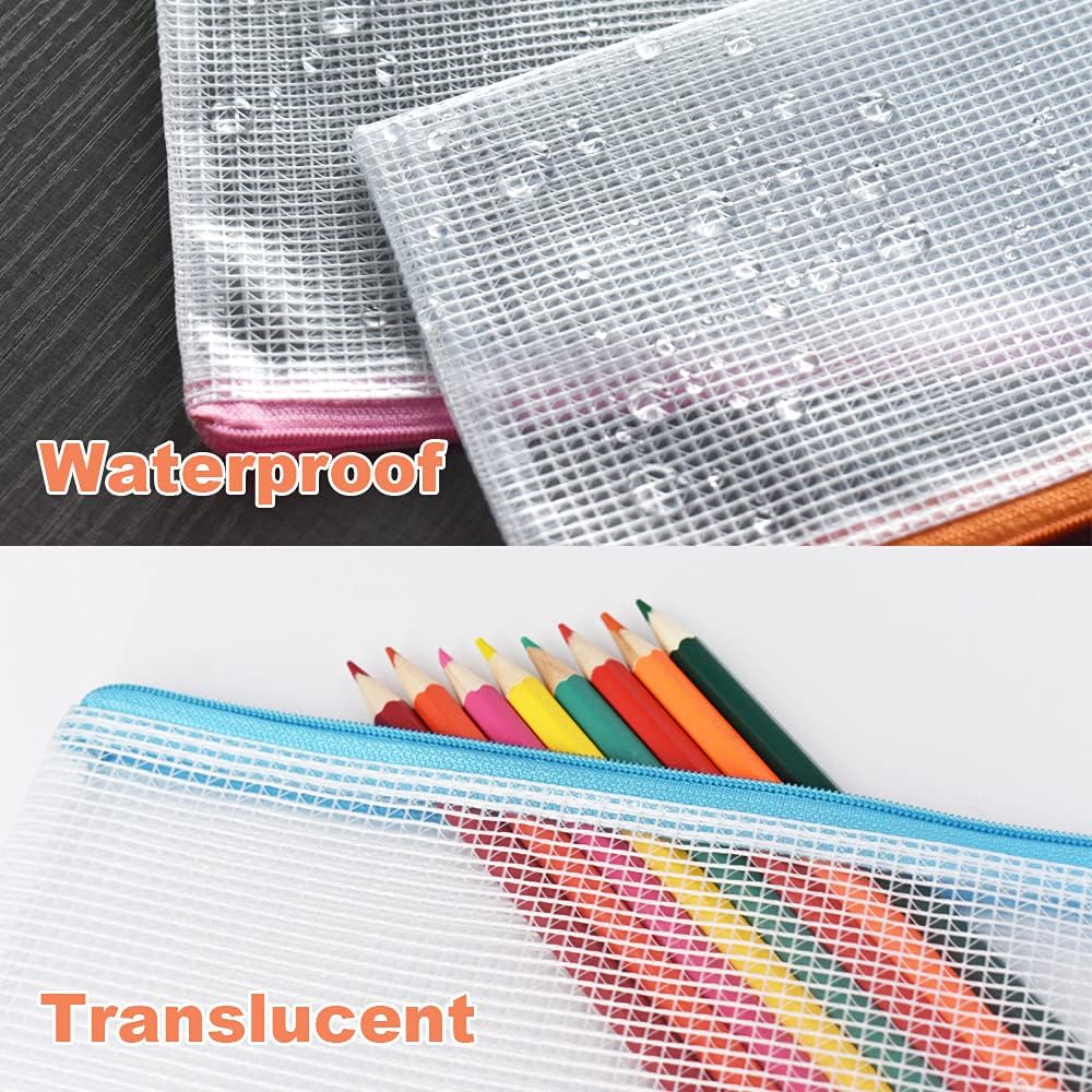 Mesh Pencil Pouch Zipper File Bags, 20PCS Clear Pencil Case Plastic Wallets Folders Waterproof Travel Storage Pouch for School Supplies, Bills, Cosmetics, Stationery and Travel Accessories,10 Colours-3