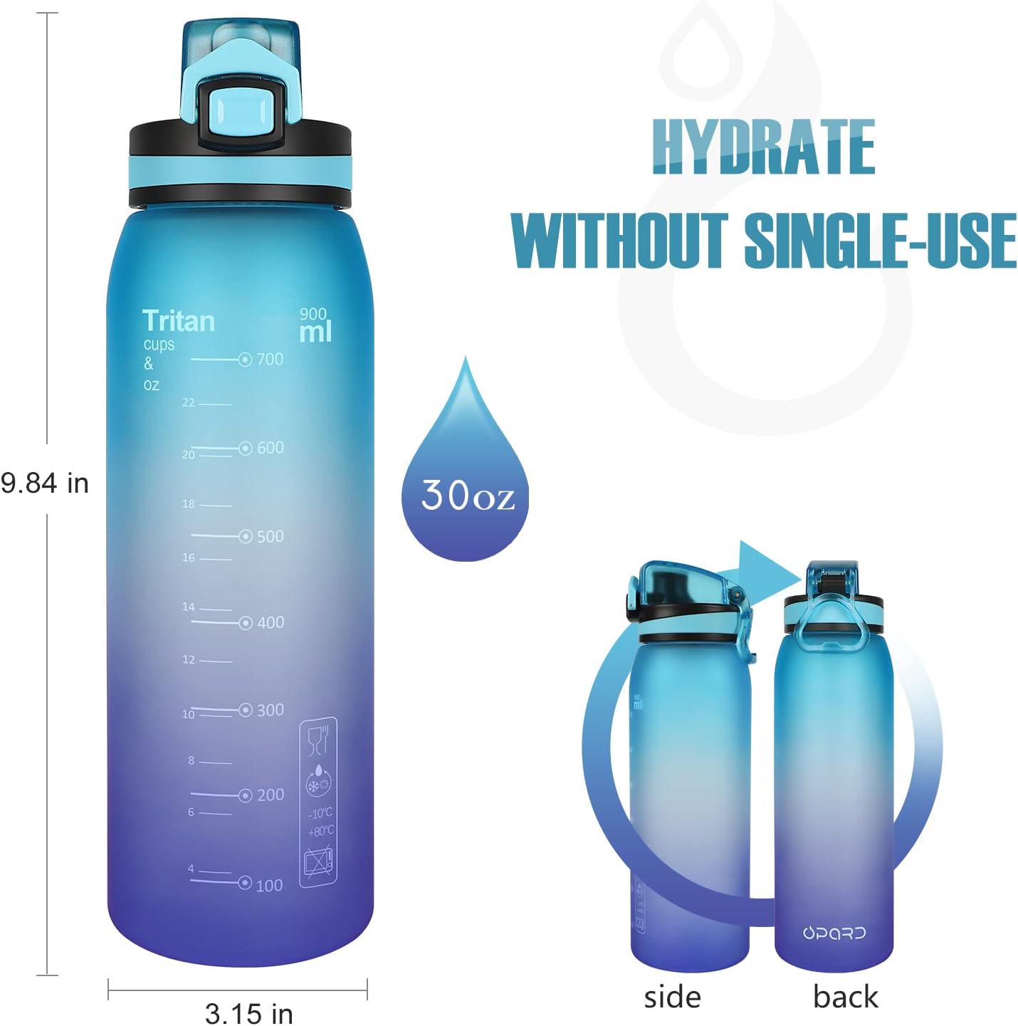 Opard Sports Water Bottle, 900ml BPA Free Non-Toxic Tritan Plastic Drinking Bottle with Leak Proof Flip Top Lid for Gym Yoga Fitness Camping-1