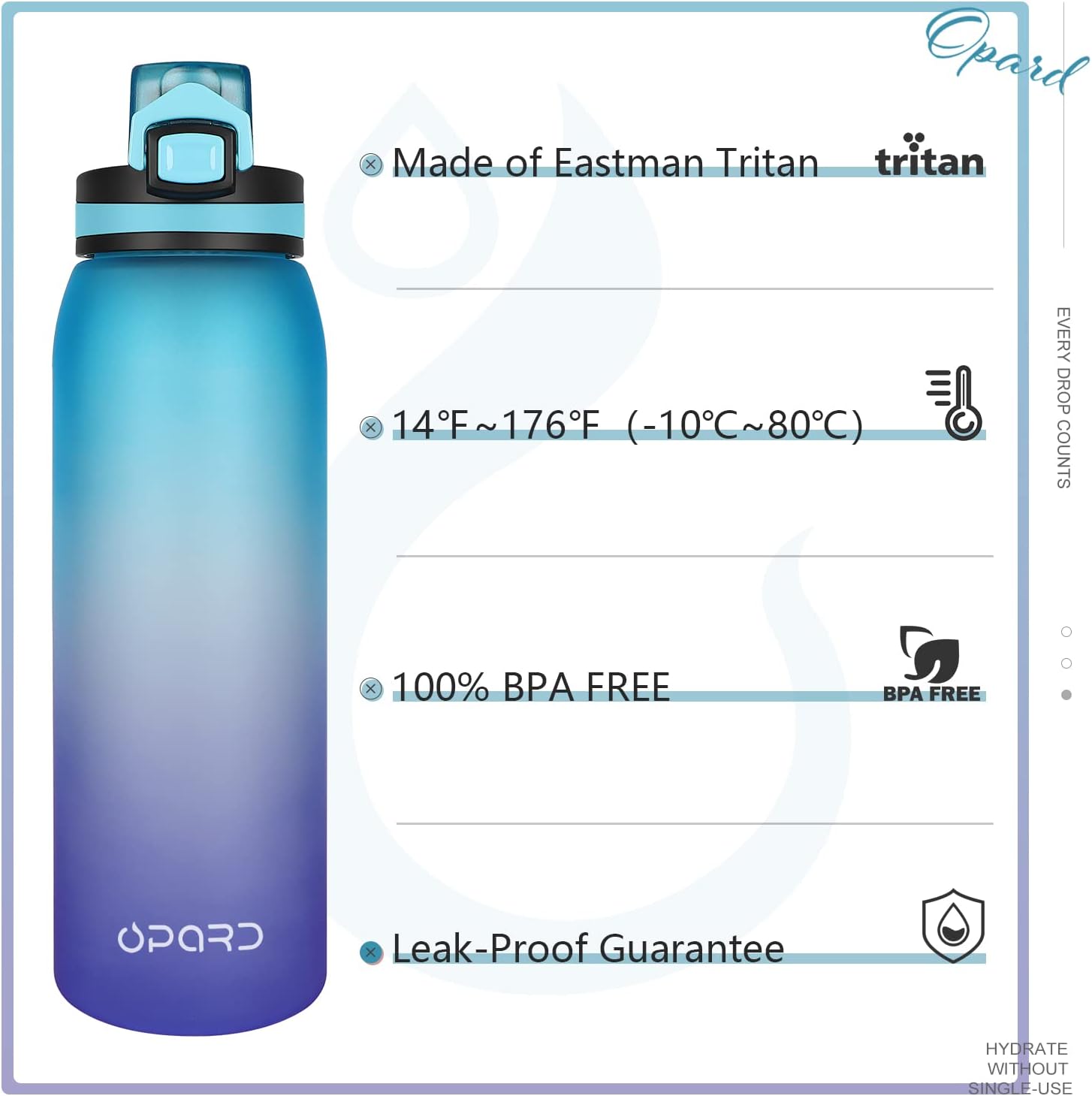 Opard Sports Water Bottle, 900ml BPA Free Non-Toxic Tritan Plastic Drinking Bottle with Leak Proof Flip Top Lid for Gym Yoga Fitness Camping-3