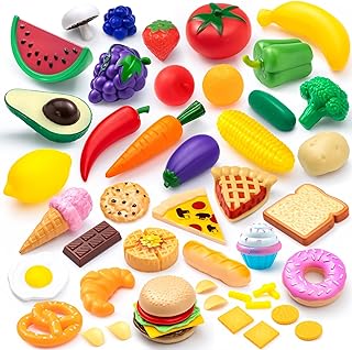 JOYIN 50 Pieces Kids Plastic Play Food Toys, Fake Food, Pretend Kitchen Playset, Toddler Imaginative Development Toys, Fun Educational Game Accessories, Bithday Gifts Party Supplies