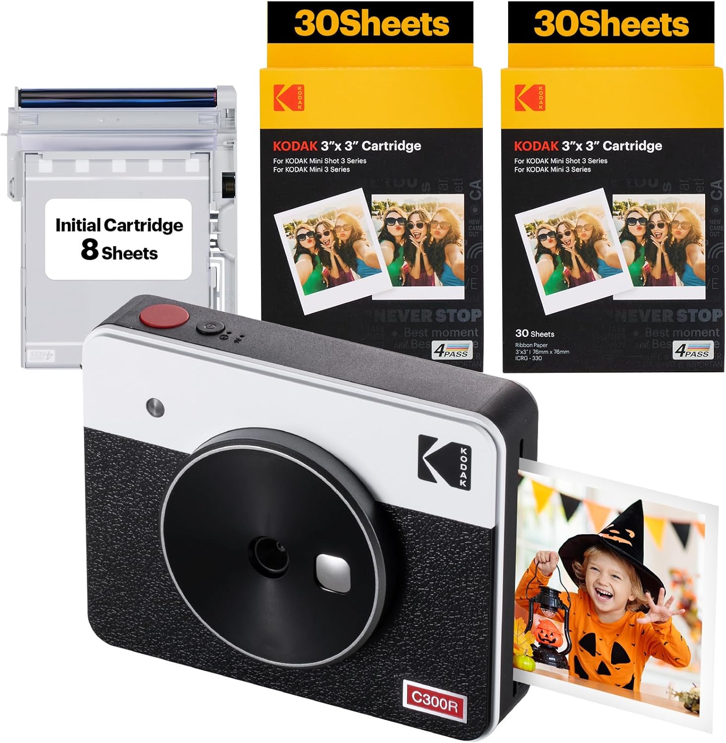 KODAK Mini Shot 3 Retro 4PASS 2-in-1 Instant Camera and Portable Photo Printer (7.6 x 7.6 cm) plus Package with 70 Sheets, White-0