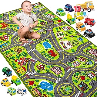 JOYIN Kids Play Rugs with 12 Pull-Back Vehicle Set, Durable Kids Carpet Playmat Rug, City Pretend Play, Toddler Car Track Rug