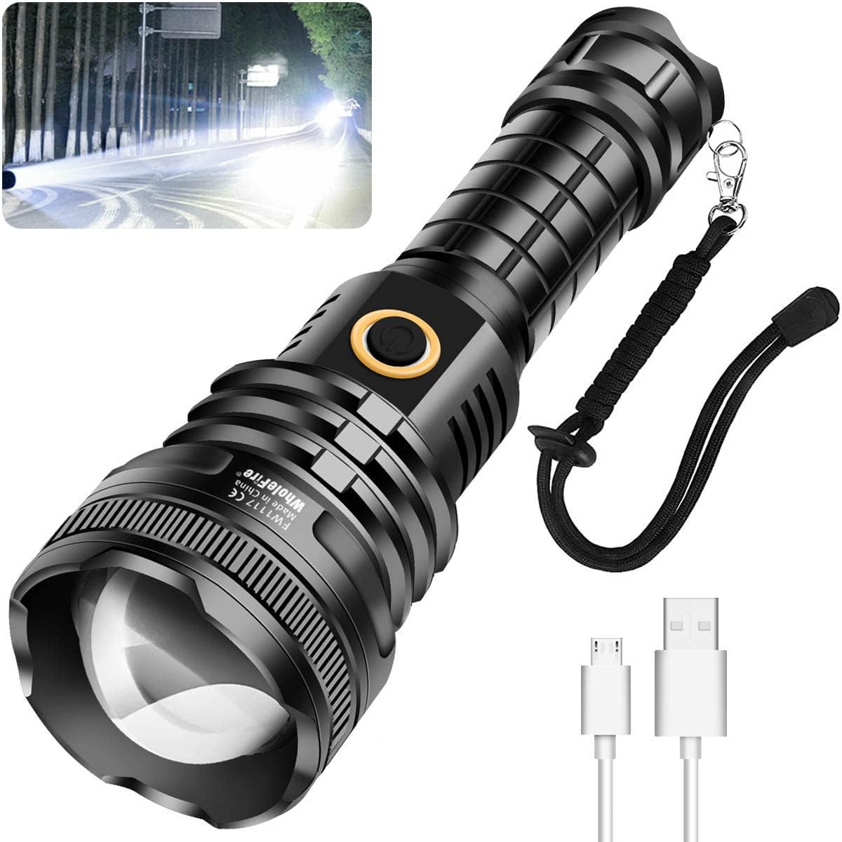 WholeFire Rechargeable 90000 Lumens LED Torch Super Bright, USB Charging Powerful XHP90 Flashlight, 5 Modes High Power Torches Zoom Waterproof Best for Hiking Camping Outdoors & Indoors-0