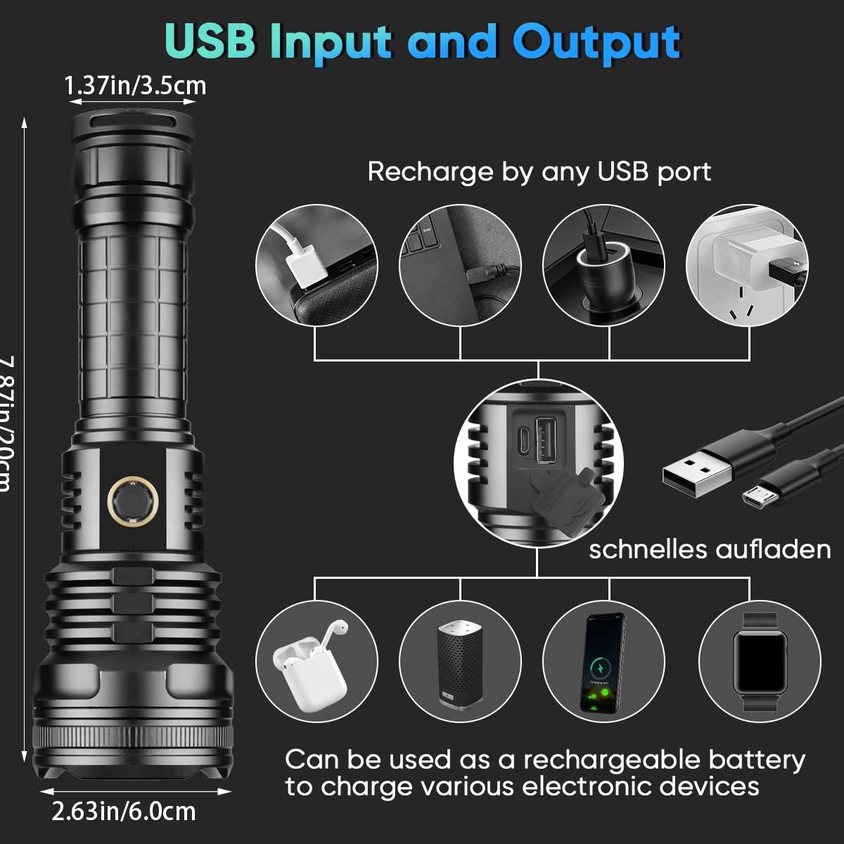 WholeFire Rechargeable 90000 Lumens LED Torch Super Bright, USB Charging Powerful XHP90 Flashlight, 5 Modes High Power Torches Zoom Waterproof Best for Hiking Camping Outdoors & Indoors-3