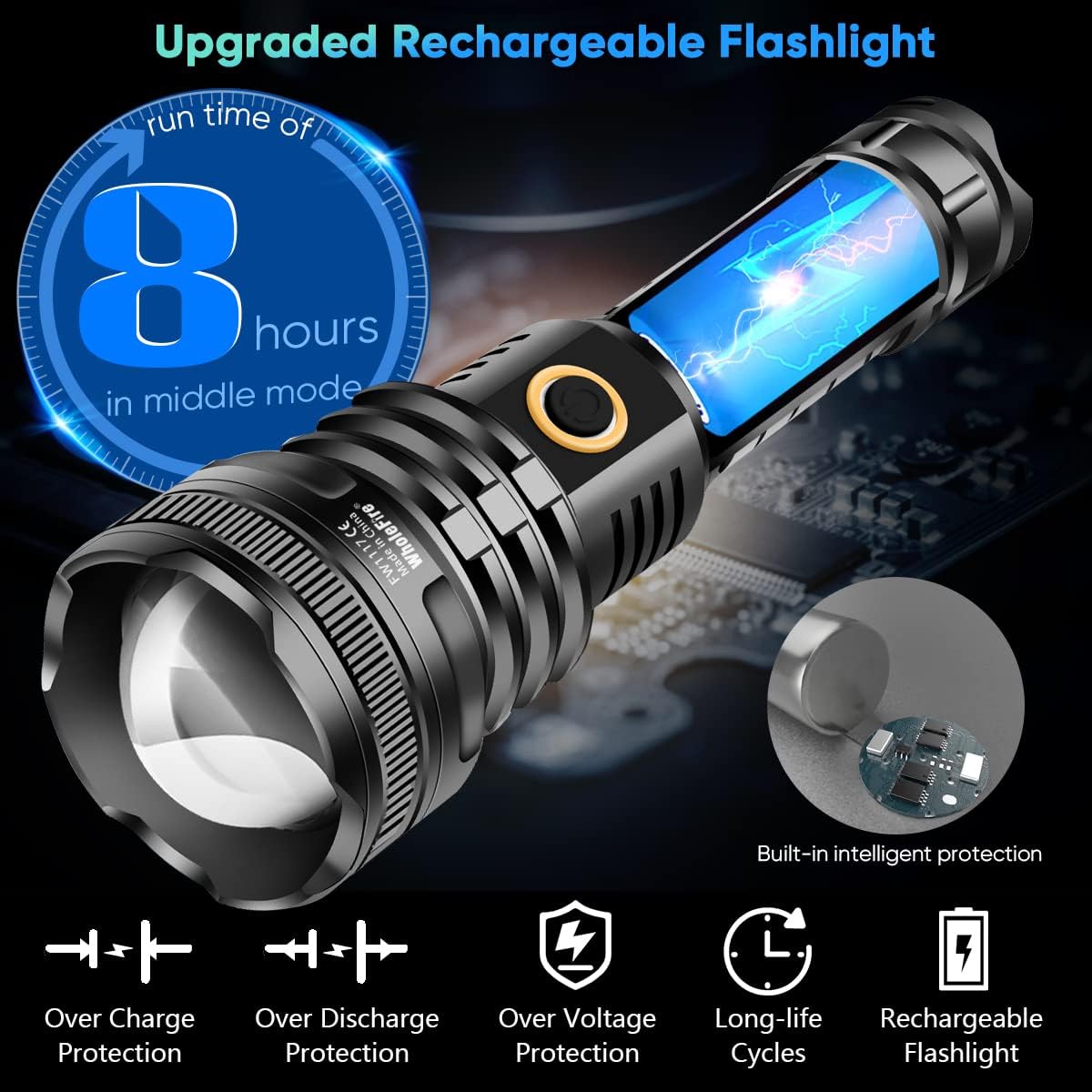 WholeFire Rechargeable 90000 Lumens LED Torch Super Bright, USB Charging Powerful XHP90 Flashlight, 5 Modes High Power Torches Zoom Waterproof Best for Hiking Camping Outdoors & Indoors-4