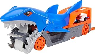 Hot Wheels Shark Chomp Transporter Playset with One 1:64 Scale Car for Kids 4 to 8 Years Old, Shark Bite Hauler Picks Up Cars in Its Jaws & Stores Up to Five in its Belly - GVG36