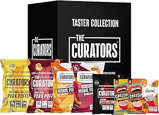 THE CURATORS High Protein Taster Box, Biltong, Pork Puffs, Veggie Puffs, Nuts & Cheesies (8 Items) Savoury Snack Variety Gift Party Hamper