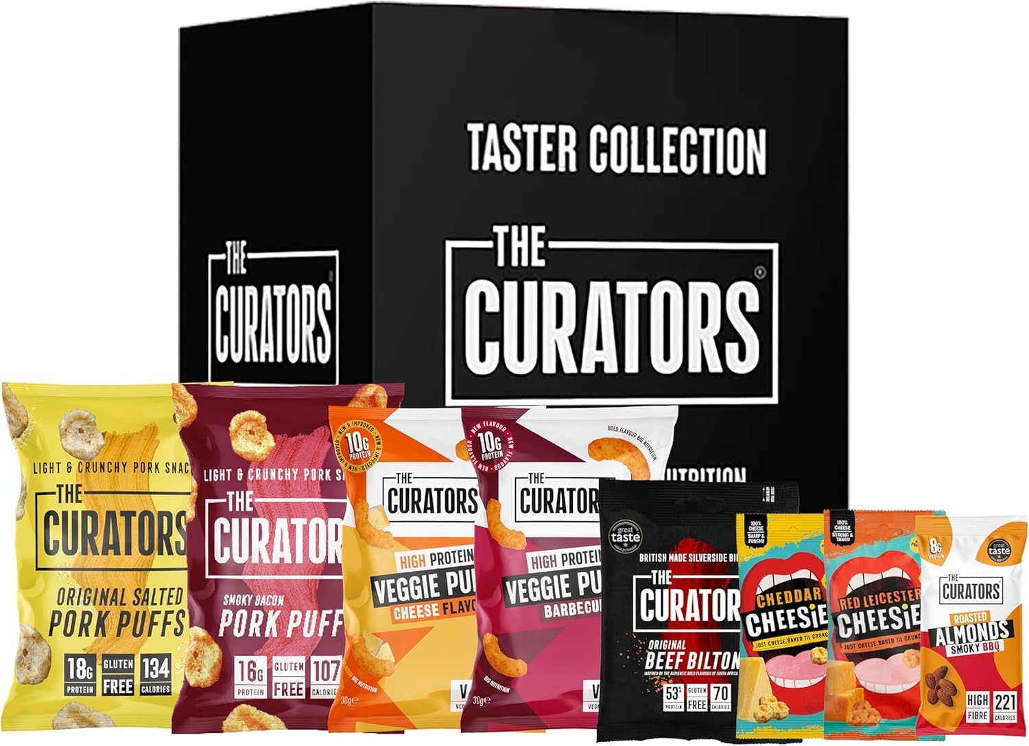 THE CURATORS High Protein Taster Box, Biltong, Pork Puffs, Veggie Puffs, Nuts & Cheesies (8 Items) Savoury Snack Variety Gift Party Hamper-0