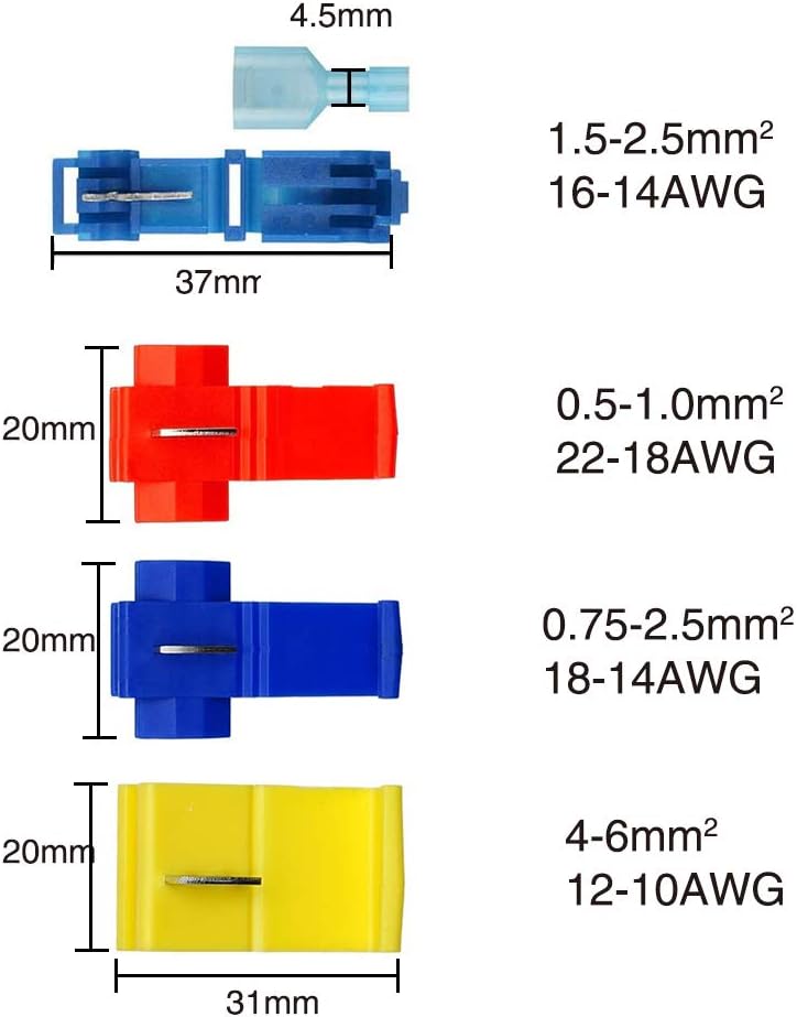 YIXISI 70 PCS Scotch Lock Quick Splice Electrical Wire Connectors, T-Tap Electrical Connectors, Branch Connectors, Insulated Self-Stripping Crimp Spade Connector Set (Red, Blue, Yellow, Dark Blue)-2