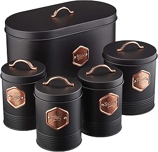 Cooks Professional 5 Piece Storage Canister Set | Labelled Containers for Tea Coffee Sugar Biscuits & Bread | Canisters Sets for Kitchen Accessories & Essentials | Black & Copper