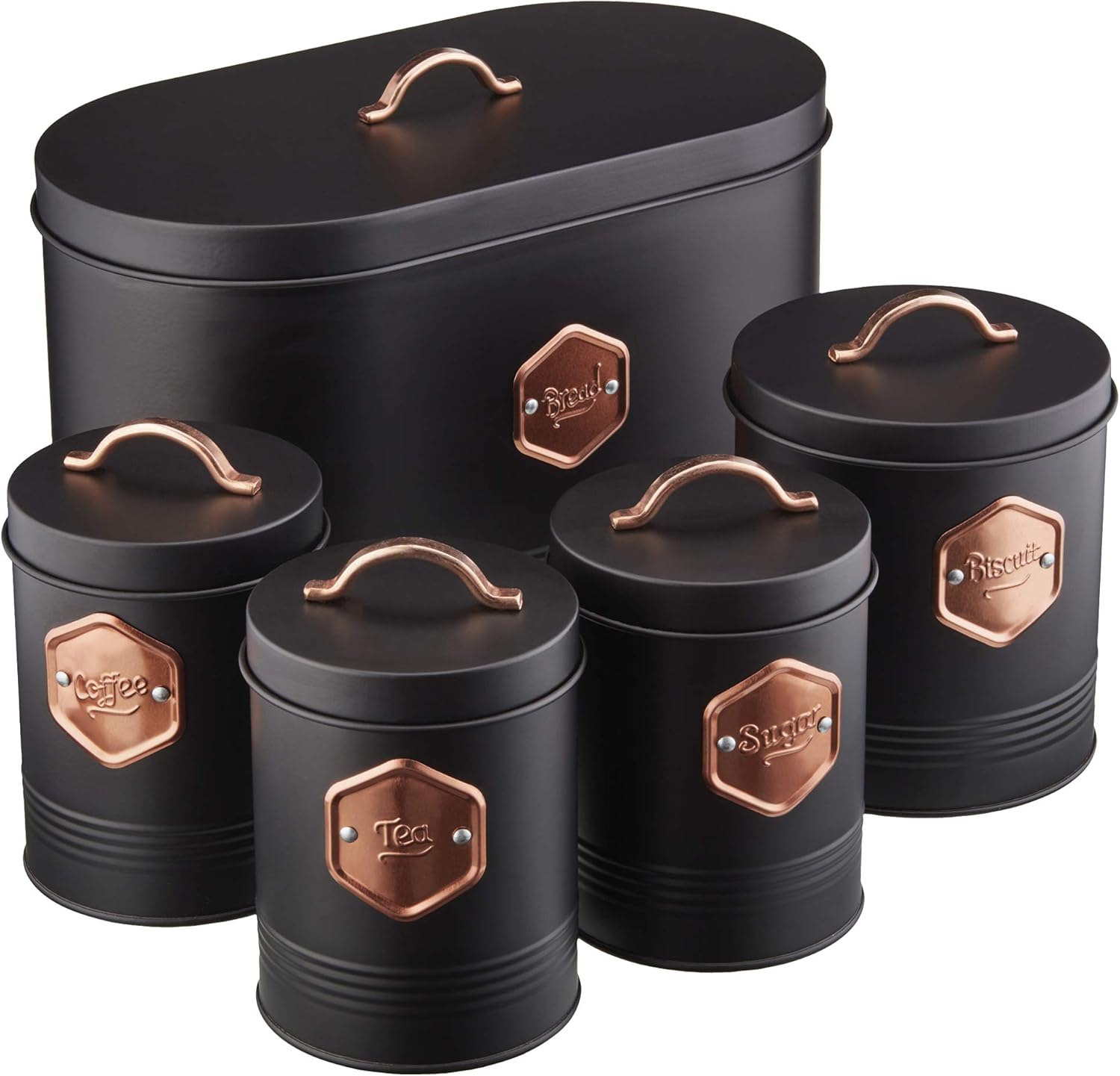 Cooks Professional 5 Piece Storage Canister Set | Labelled Containers for Tea Coffee Sugar Biscuits & Bread | Canisters Sets for Kitchen Accessories & Essentials | Black & Copper-0