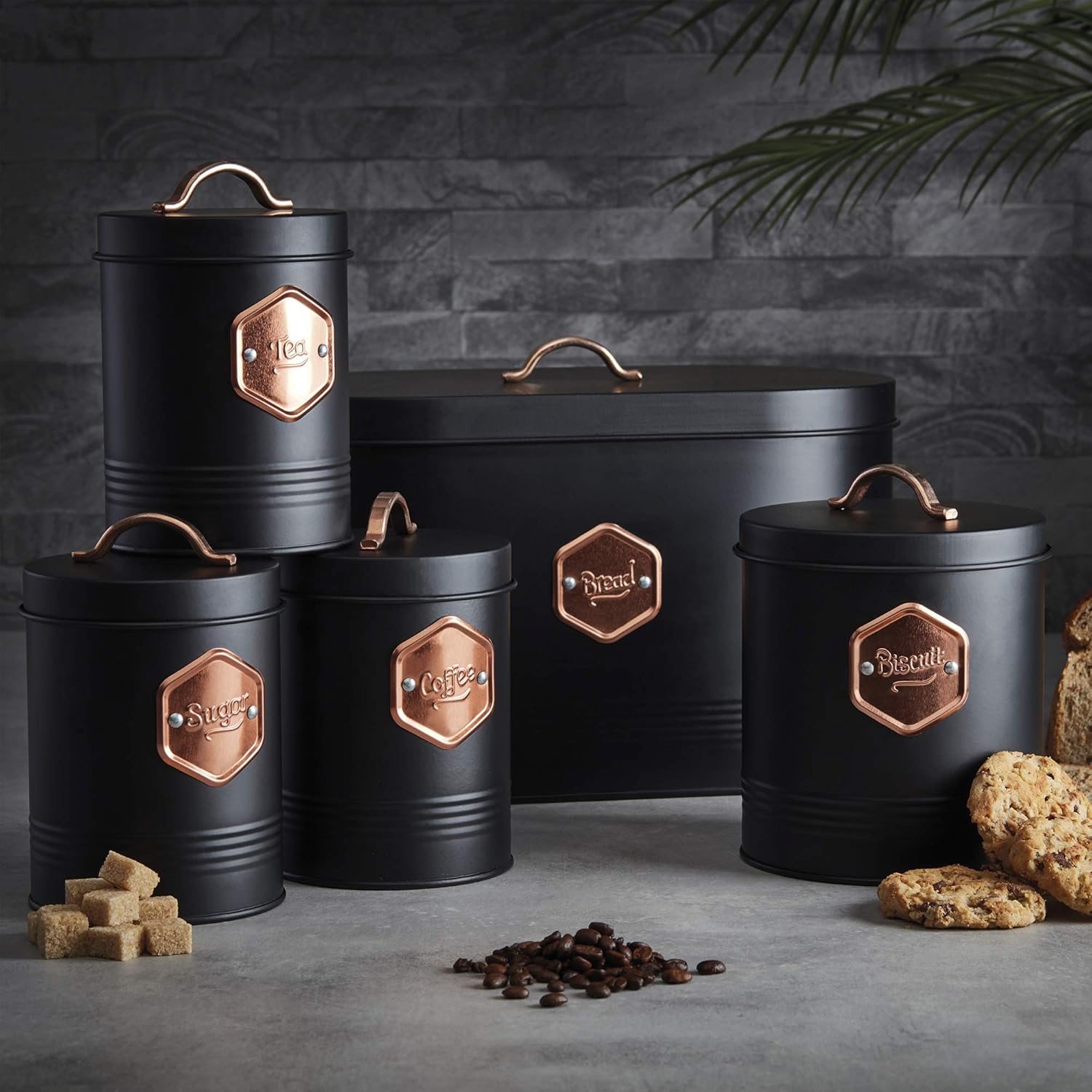 Cooks Professional 5 Piece Storage Canister Set | Labelled Containers for Tea Coffee Sugar Biscuits & Bread | Canisters Sets for Kitchen Accessories & Essentials | Black & Copper-1