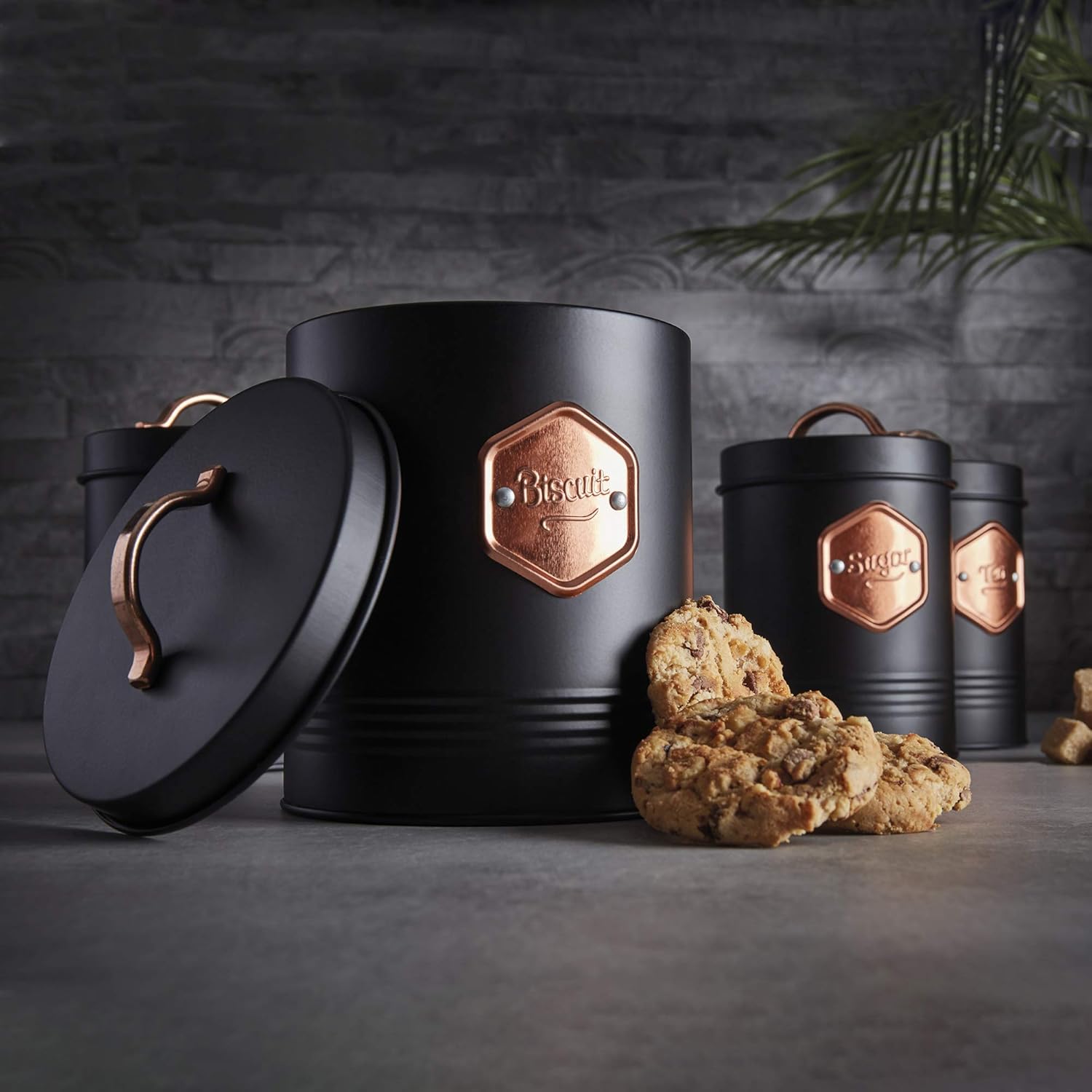 Cooks Professional 5 Piece Storage Canister Set | Labelled Containers for Tea Coffee Sugar Biscuits & Bread | Canisters Sets for Kitchen Accessories & Essentials | Black & Copper-3