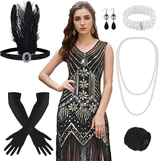 FEPITO 1920s Flapper Dresses for Women, Fringed Sequin Great Gatsby Dress for Women with 20s Accessories, Roaring 20s Costumes