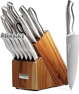 Kitchen Knife Block Set – 14-Piece Knife Set with Hardwood Block – Stainless Steel Blades – Hollow Knife Set for Chopping, Slicing, Dicing – by Nuovva