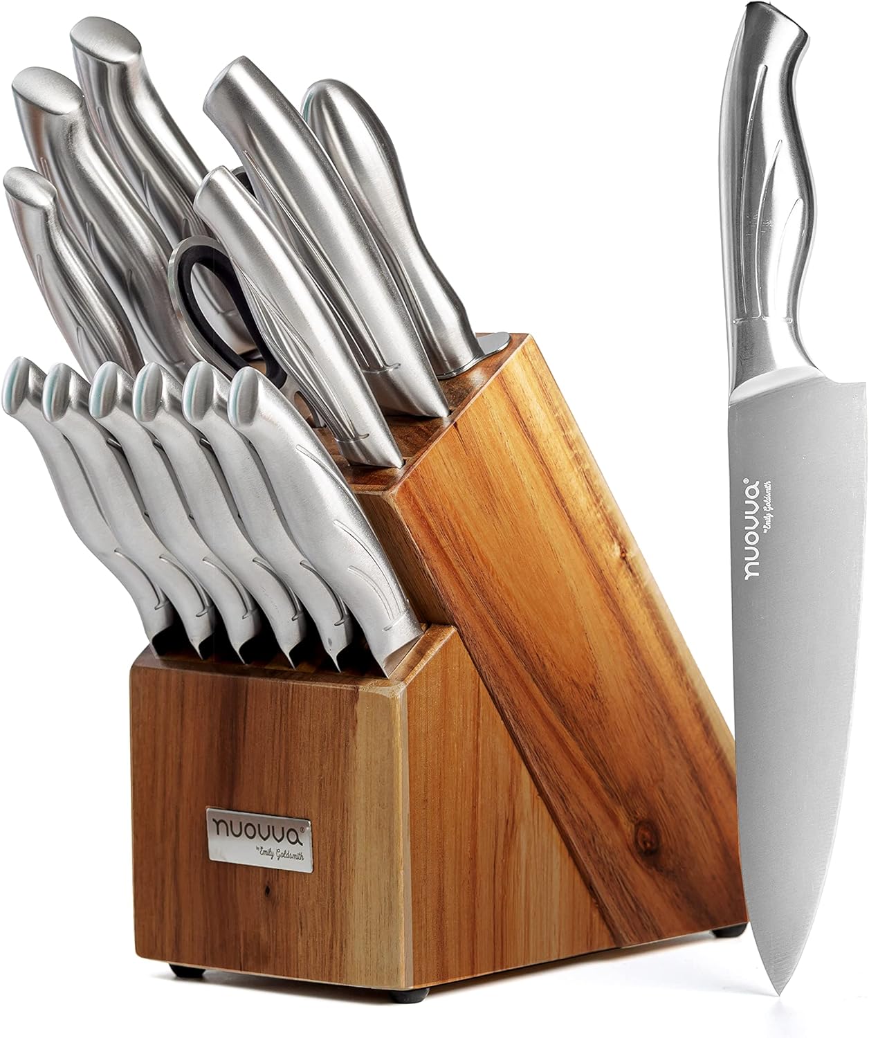 Kitchen Knife Block Set – 14-Piece Knife Set with Hardwood Block – Stainless Steel Blades – Hollow Knife Set for Chopping, Slicing, Dicing – by Nuovva-0