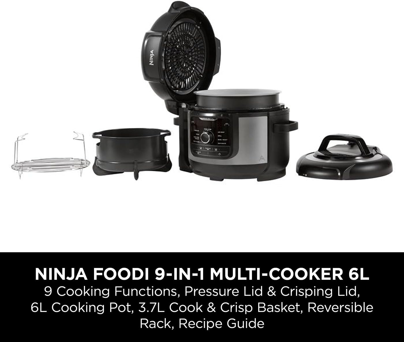 Ninja Foodi 9-in-1 Multi Cooker, 6L with 9 Cooking Functions, Pressure Cook, Air Fry, Slow Cook, Grill and more, Brushed Steel & Black, OP350UK-1